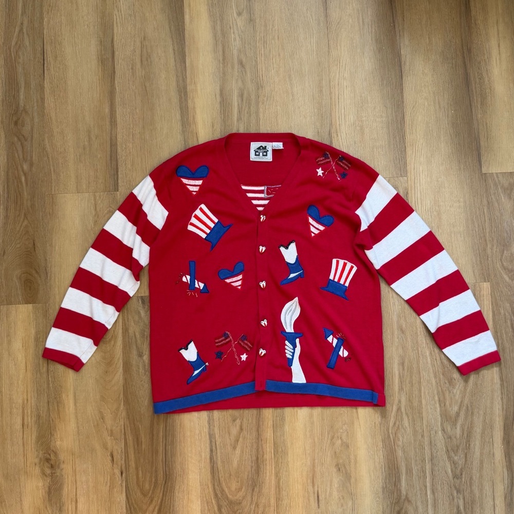 Storybook Knits Vintage USA Patriotic Cardigan Red White‎ Blue Embroidered Large